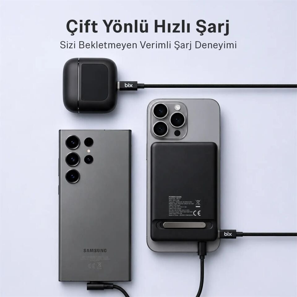 Bix PB117 10000mAh PD 20W Fast Charging USB-C MagSafe Mini Power Bank With Phone Standlı