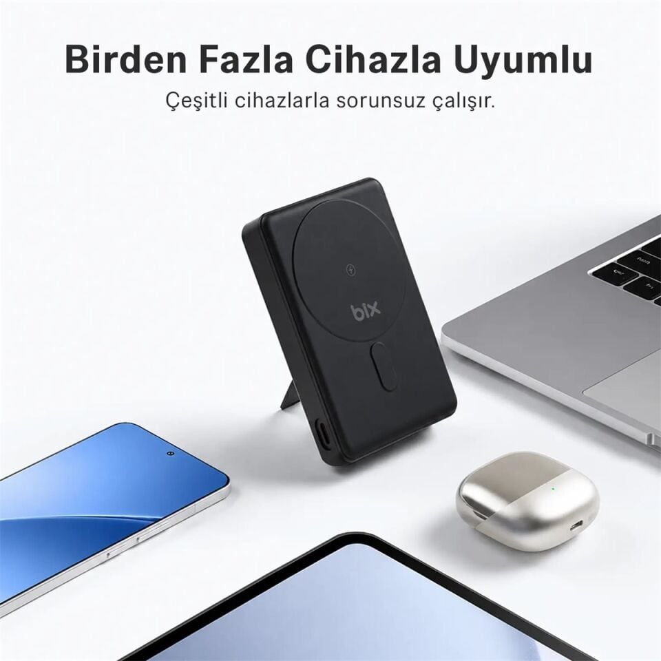 Bix PB117 10000mAh PD 20W Fast Charging USB-C MagSafe Mini Power Bank With Phone Standlı