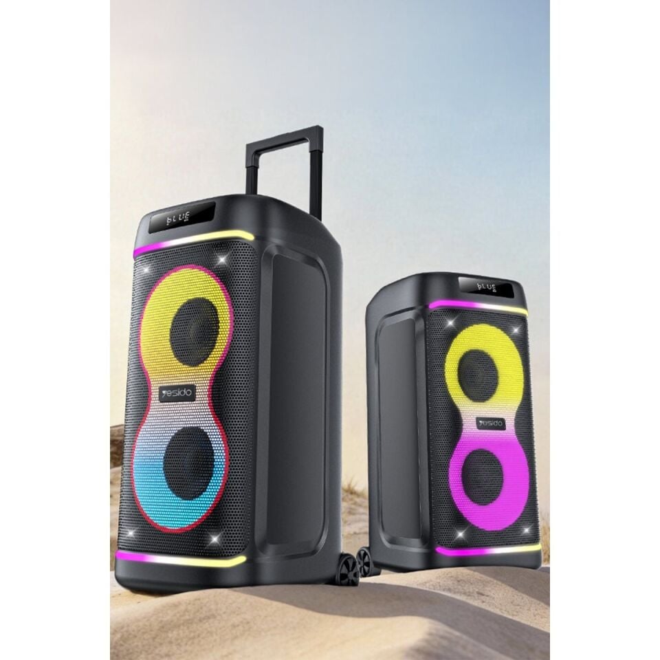 Yesido YSW44 Taşınabilir 60W Çift 8 Hoparlörlü RGB Işıklı Tekerlekli Bluetooth Hoparlör - Siyah