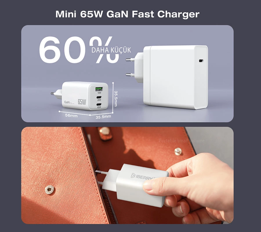 İBERRY 65W TYPE-C VE USB ÇIKIŞLI ADAPTÖR Hİ65