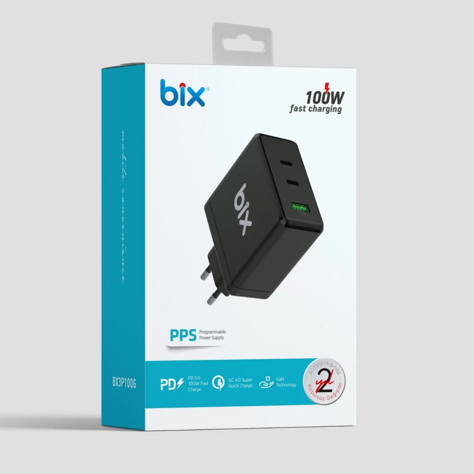 Bix 100W BX3P100G USB ve Type-C Çıkışlı Şarj Adaptörü - 3