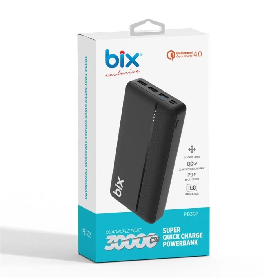Bix Pb302 22.5W Siyah Qualcomm 4.0 Quıck Şarj 30000 Mah Powerbank