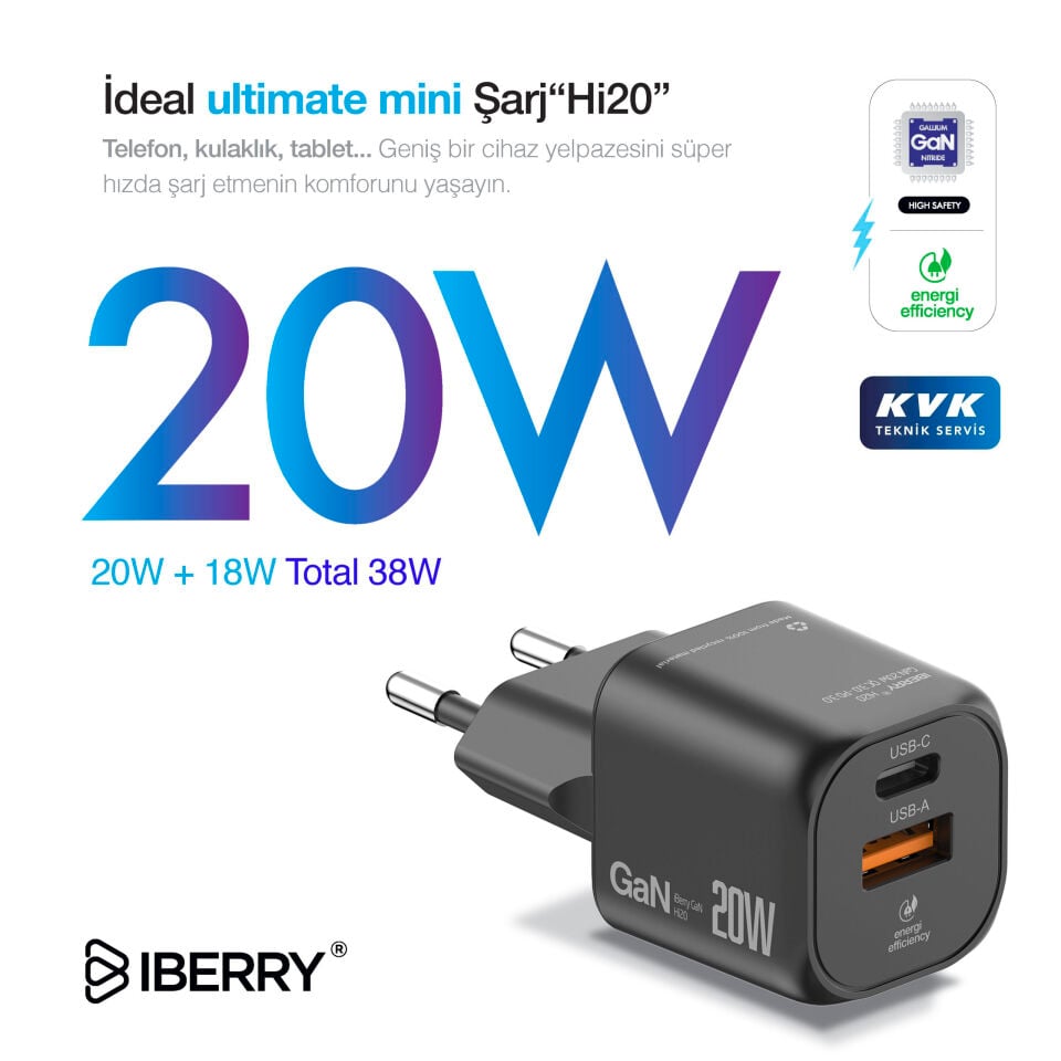 İberry 20W Gan Çigt Çıkışlı Şarj Başlığı Hi20 Mini