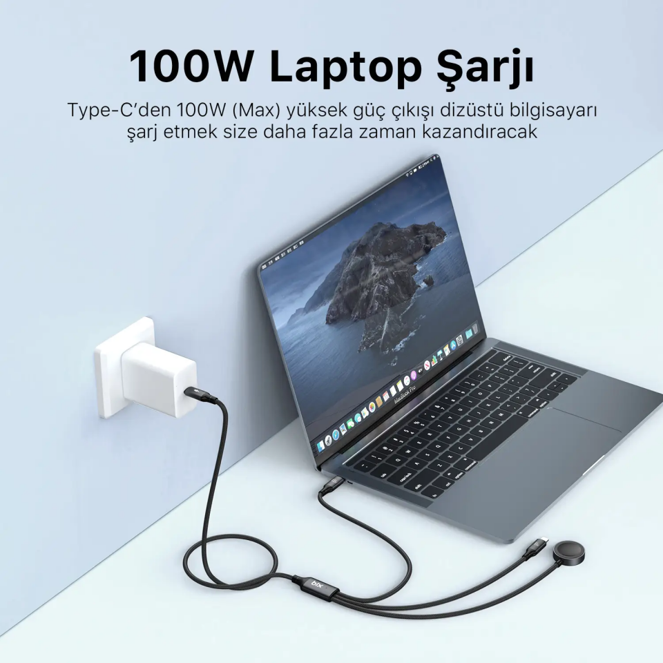 Bix Bxa3w1 3in1 Lightning-Type-C-Apple Watch 1.2m Şarj Kablosu Ve Data
