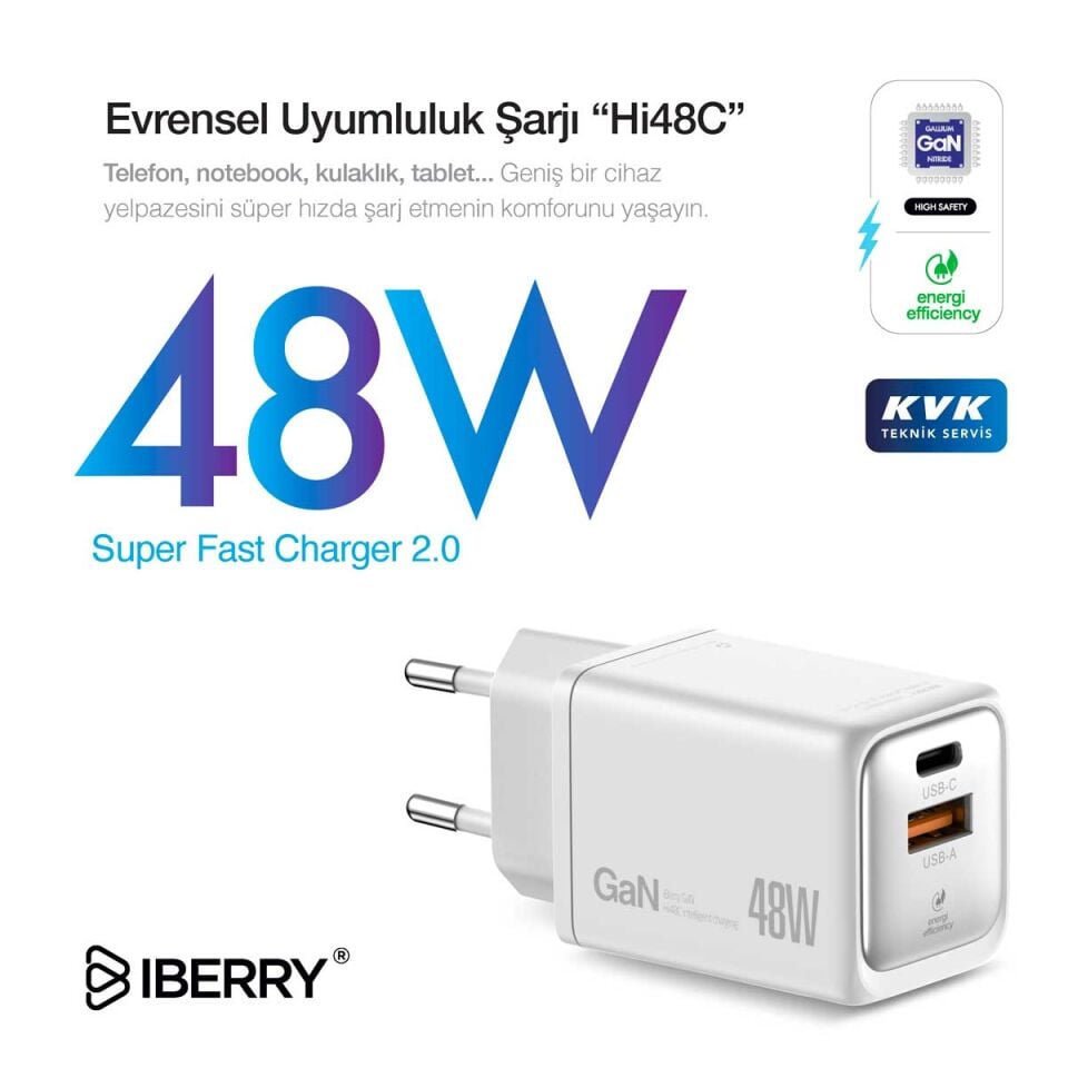 İberry 48W Gan Çift Çıkışlı Şarj Başlığı Hi48 Mini Beyaz