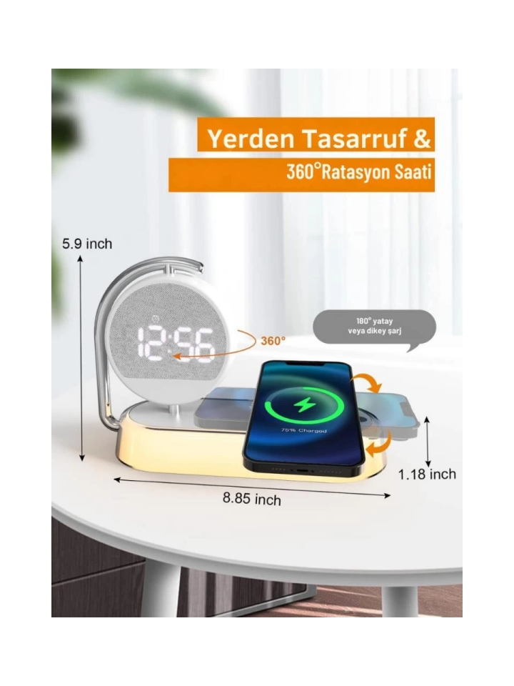 I-Dragon Led Işıklı Masa Saati ve Kablosuz Şarj K01T - 5