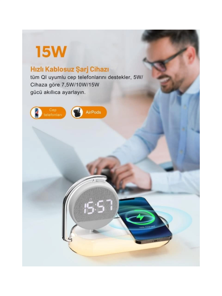 I-Dragon Led Işıklı Masa Saati ve Kablosuz Şarj K01T - 2