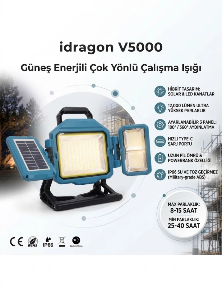 Güneş Enerjili Katlanabilir Solar LED Projektör - Idragon V5000