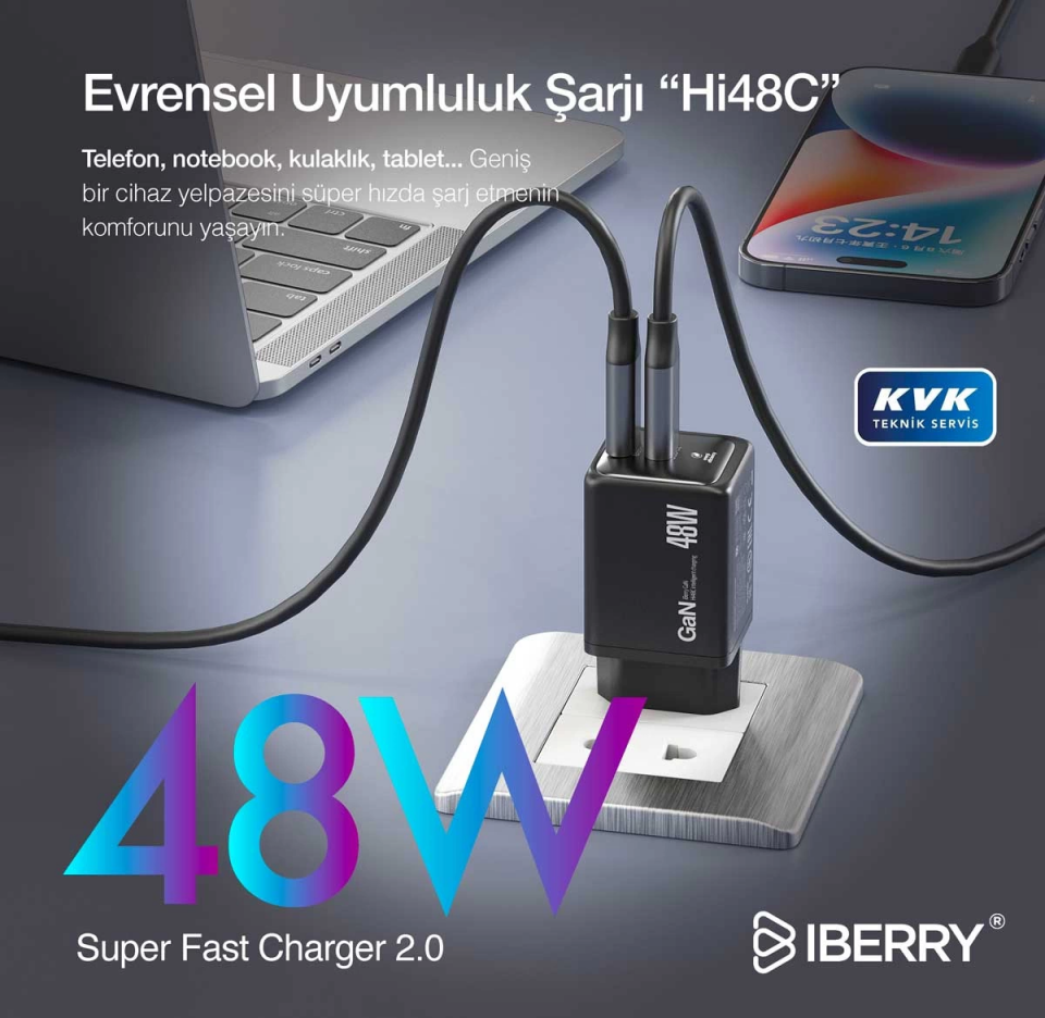 İberry 48W Gan Çift Çıkışlı Şarj Başlığı Hi48 Mini Siyah