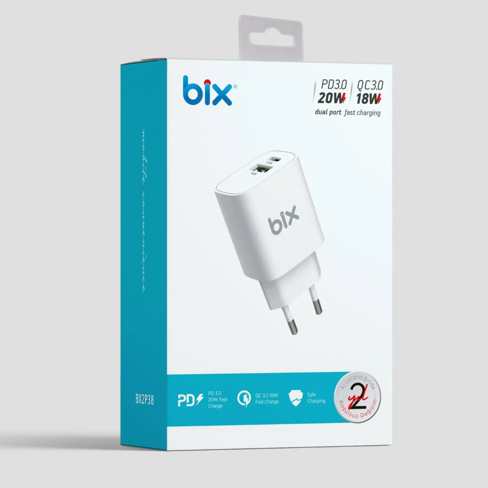 Bix 20W Bx2P38 Pd + Qc 3.0 Usb Fast Type - C Ve Usb Çıkış Araç Şarj Adaptörü