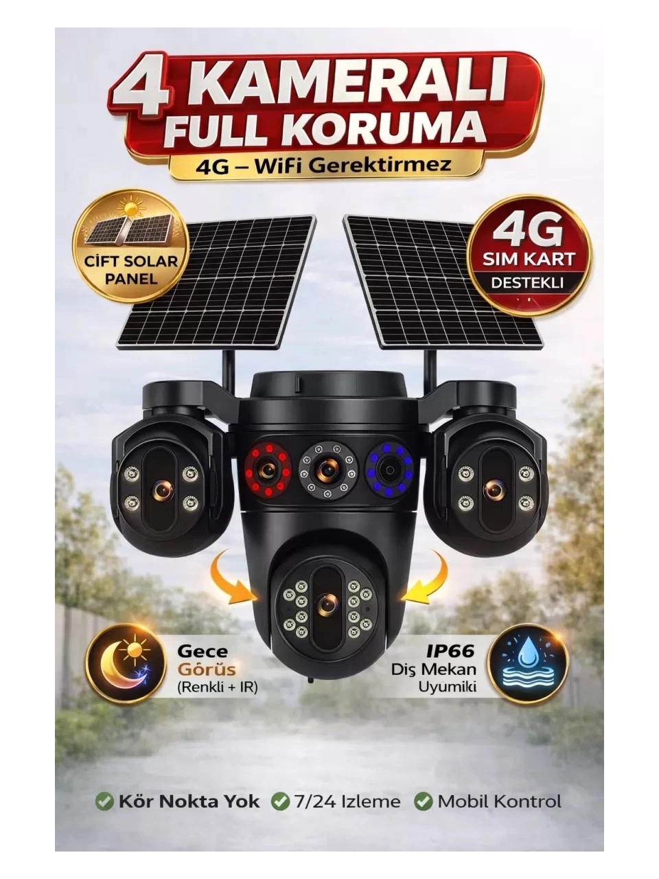 Esvision 3+3+3+3 12MP Dört Kameralı Çift Panelli SIM Kartlı 4G Kamera ES-7020