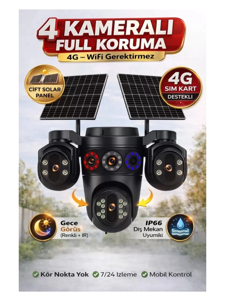 Esvision 3+3+3+3 12MP Dört Kameralı Çift Panelli SIM Kartlı 4G Kamera ES-7020