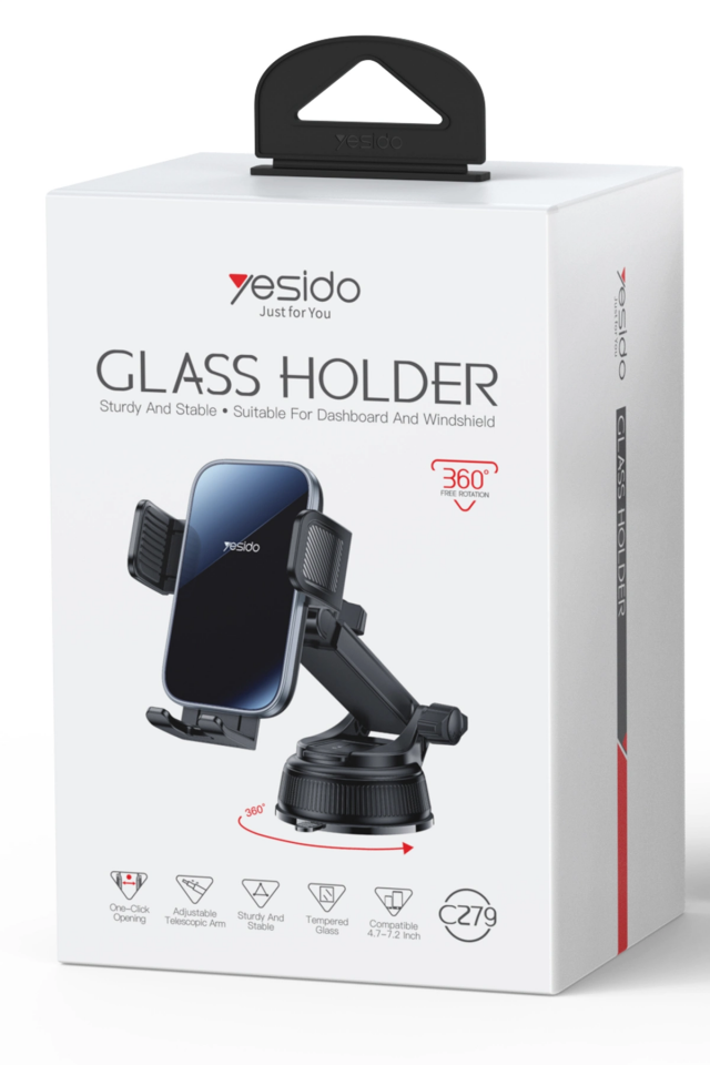 Yesido C279 360 Dönebilen Cam Panelli Vakumlu Araç Telefon Tutucu - Siyah