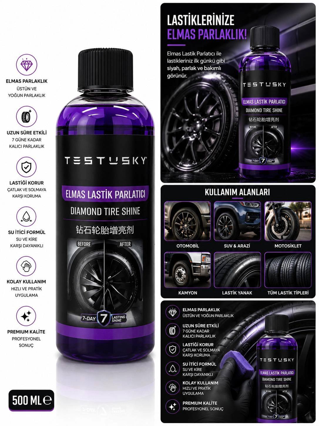 Testusky Elmas Lastik Parlatıcı 500 ml