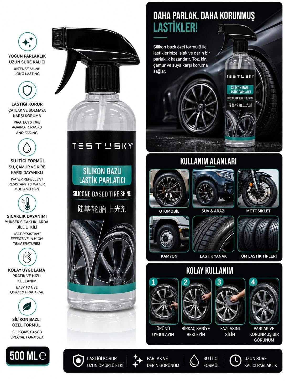 Testusky Silikon Bazlı Lastik Parlatıcı 500 ml
