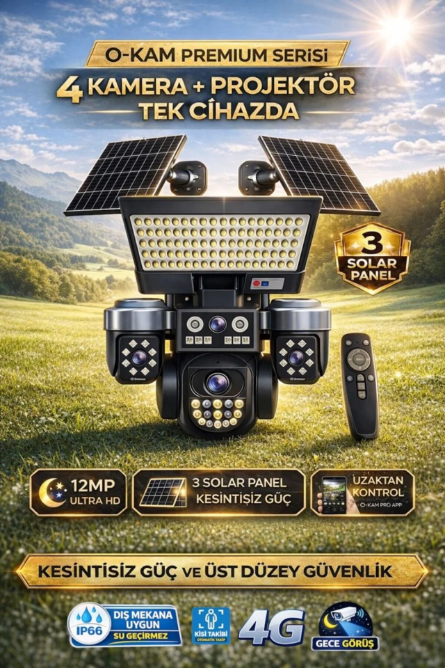 O-Kam 12MP 4 Kameralı Çift Panelli Solar Aydınlatmalı 4G Kamera Ok-334 Premium