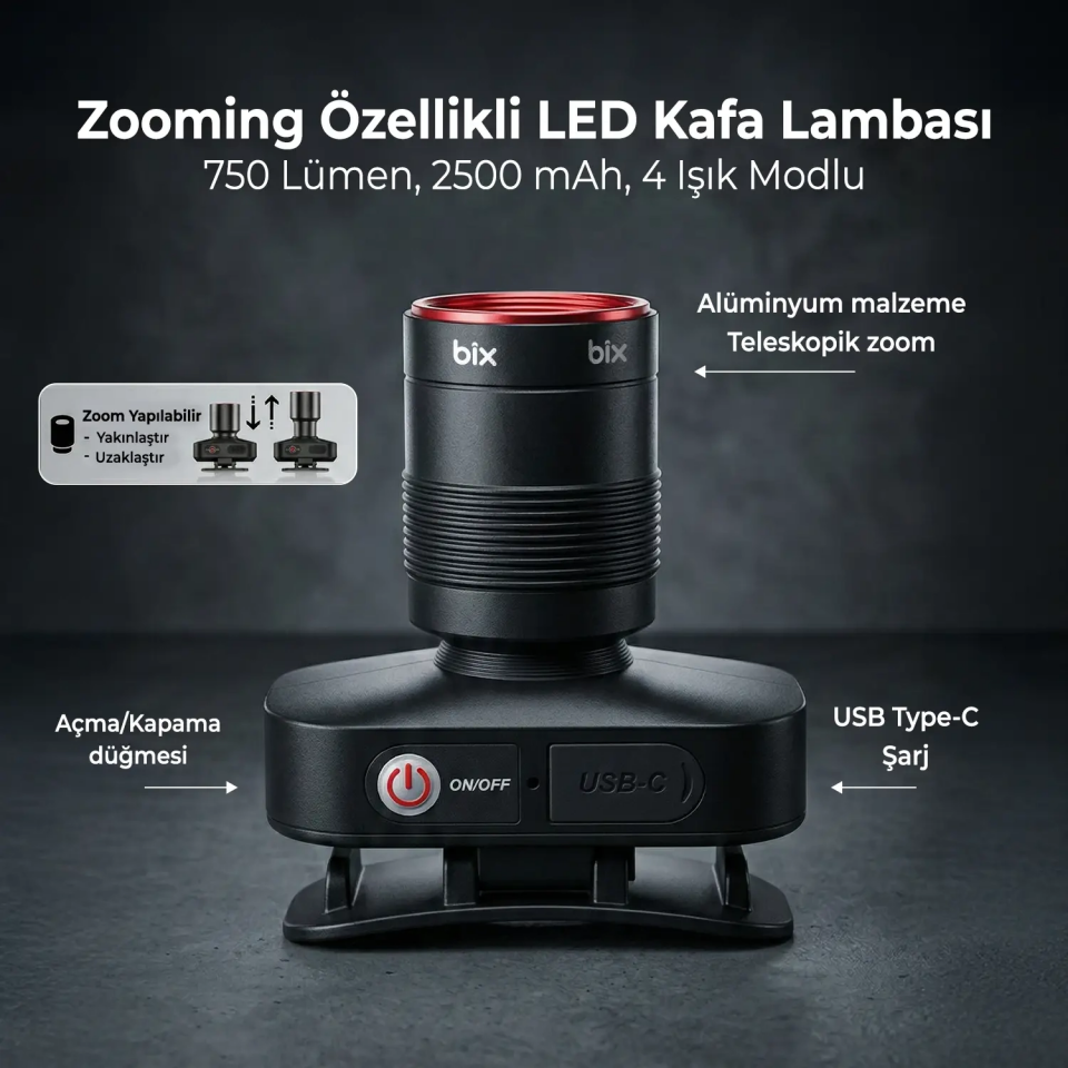 Bix BXT1FL Şarj Edilebilir 750 Lümen 2500 mAh. 4 Işık Modlu LED Kafa Lambası