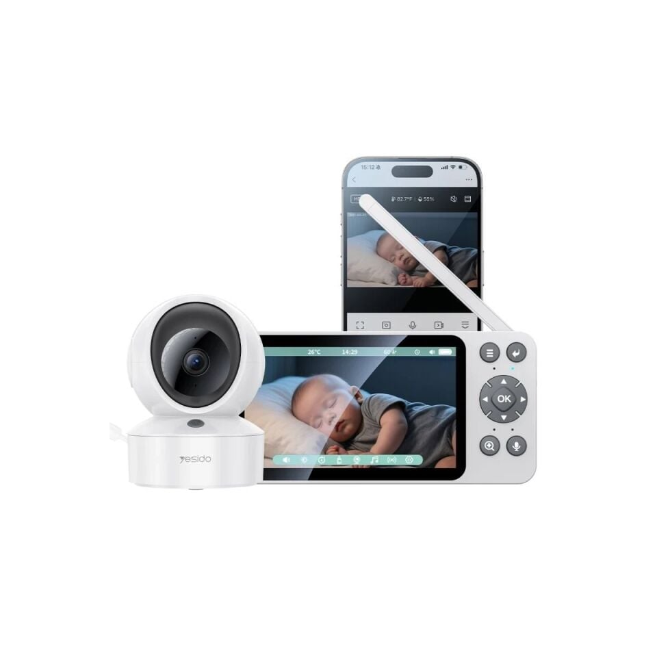 Yesido KM28 Ağlama Tespît ve Gece Görüş Özellikli 1080P Wifi Monitörlü Akıllı Bebek Takip Kamerası - Beyaz