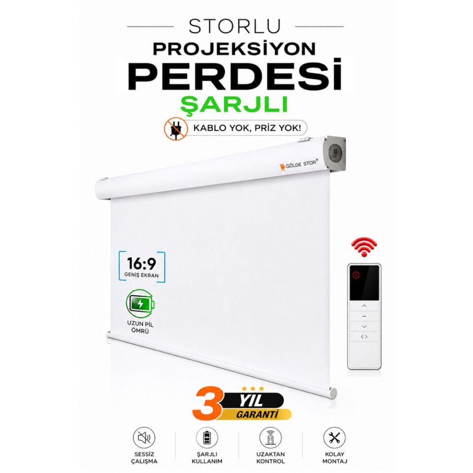 215x180 ŞARJLI  WHİTE BLACKOUT MEKANİZMA SİSTEMLİ STORLU PROJEKSİYON PERDESİ