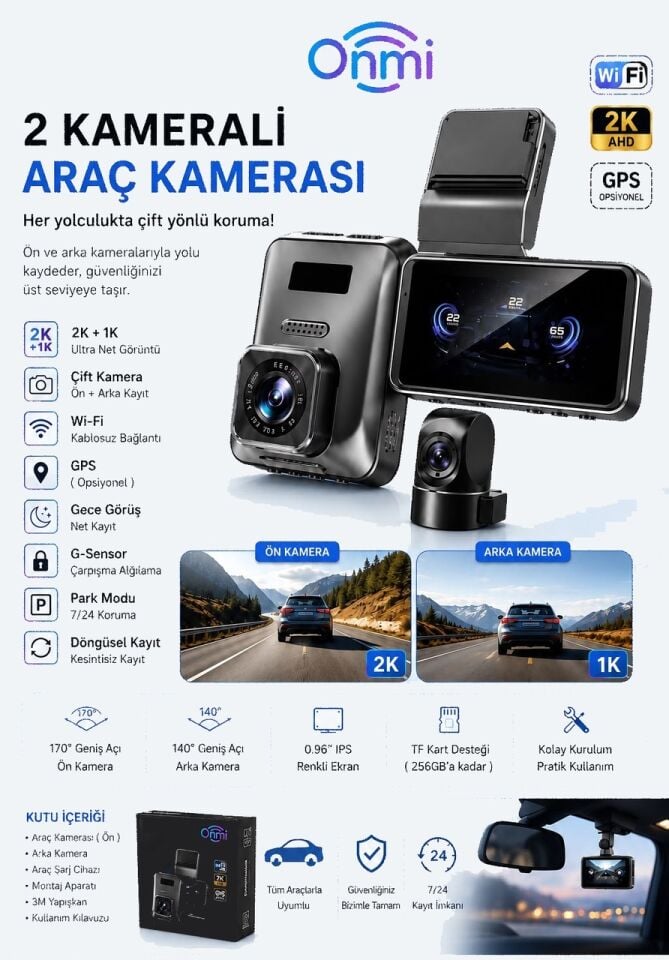 onmi X10 Araç Kamerası Ön ve Arka 2K+1K 2 Kamera