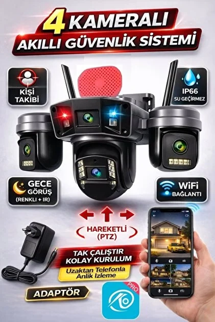 Sirenli Çakarlı 4 Lens Wi-Fi Güvenlik Kamerası OK-240 Premium