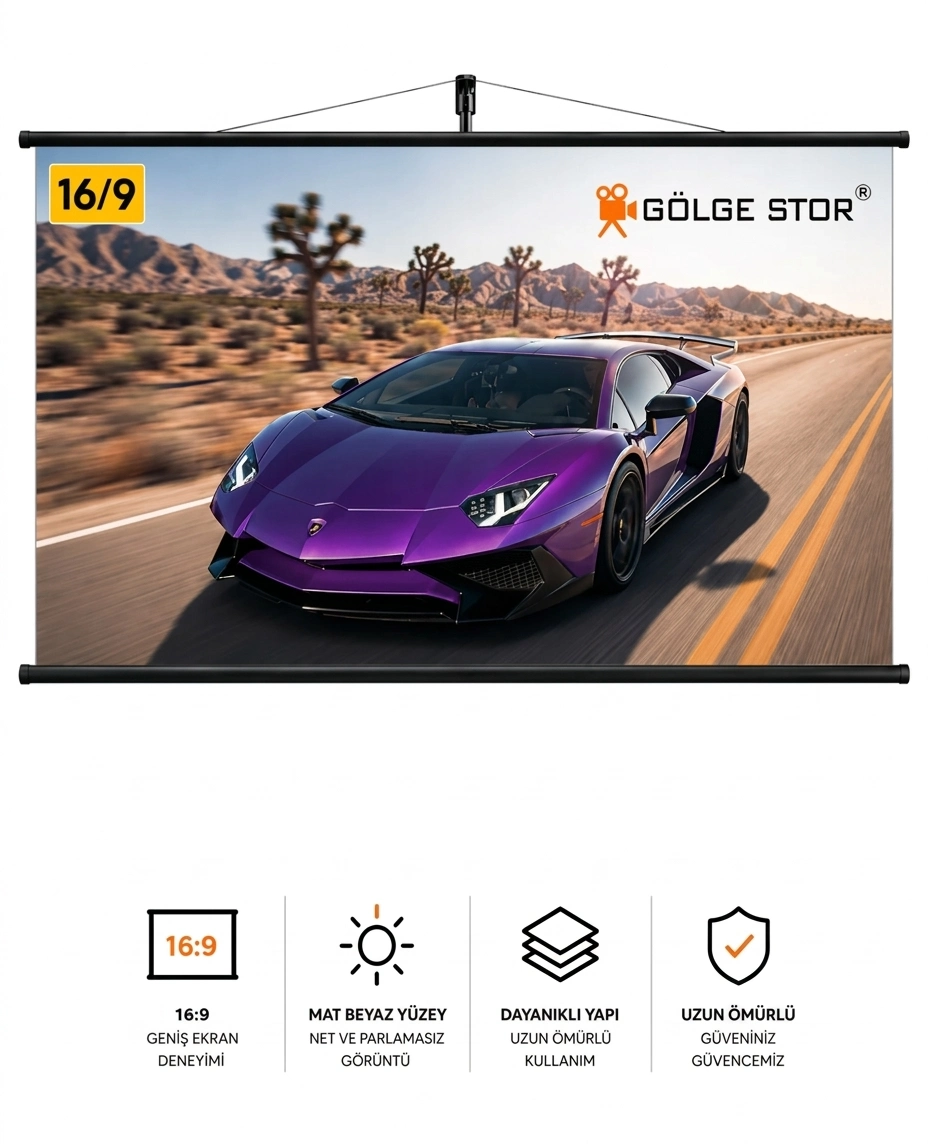 180X105 DUVAR MEKANİZMA SİSTEMLİ STORLU PROJEKSİYON PERDESİ