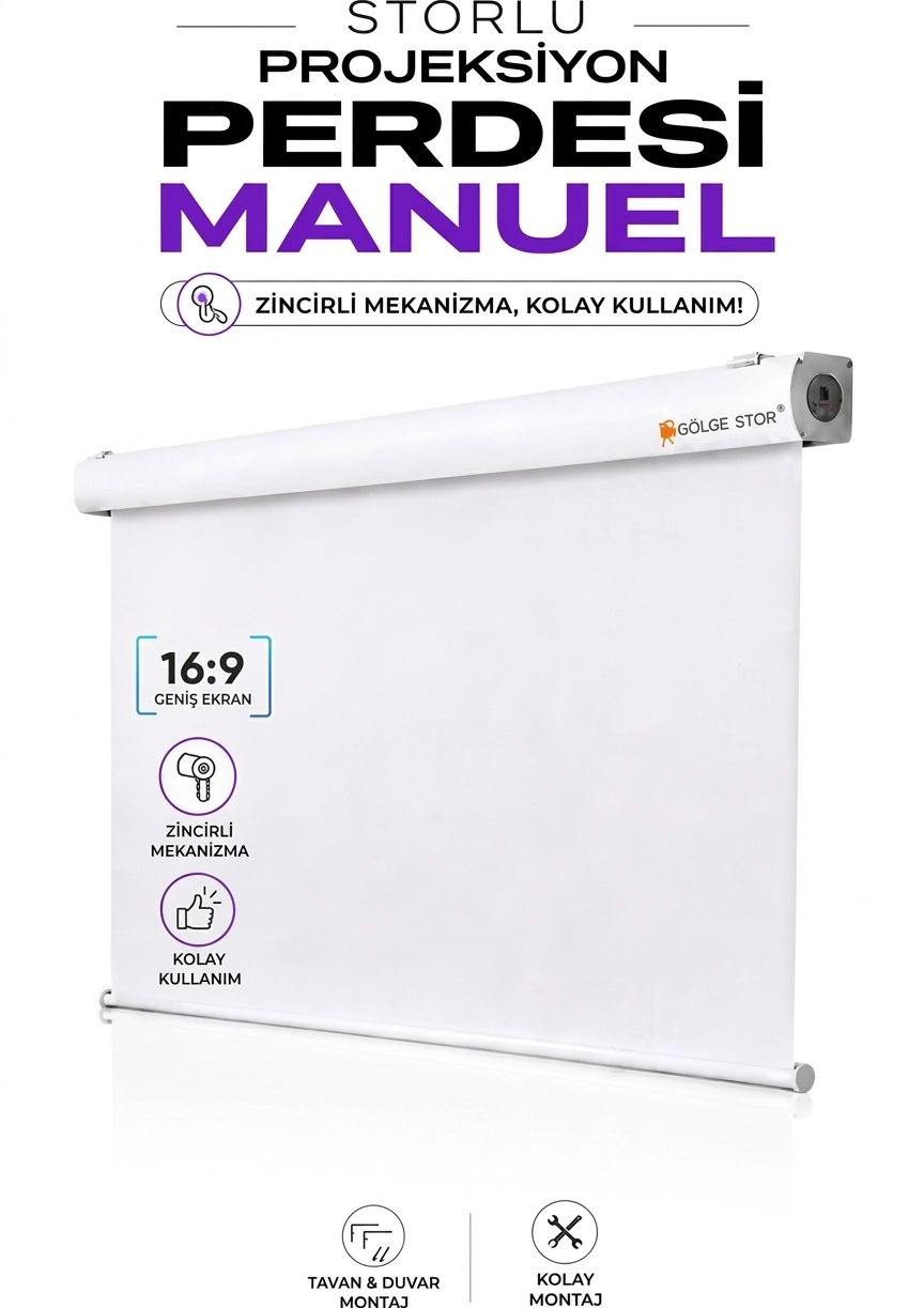 240X190 MANUEL MEKANİZMA SİSTEMLİ STORLU PROJEKSİYON PERDESİ