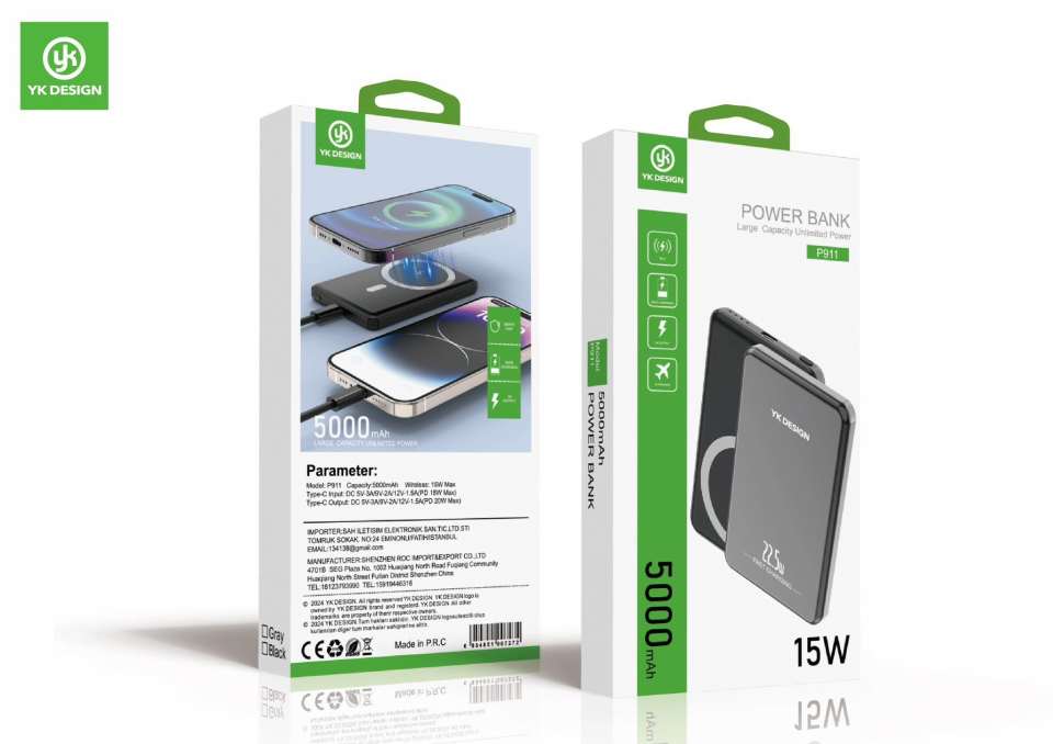YK Design P911 5000 mAh 22.5W Kablolu ve 15W MagSafe Ultra Slim Powerbank Gri