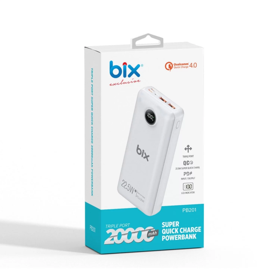 BİX PB201 22.5W BEYAZ QUALCOMM 4.0 QUICK ŞARJ 20000 MAH POWERBANK