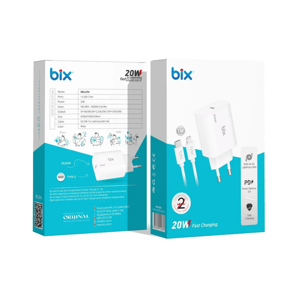 Bix Bxcl21Ta 20W Fast Şarj Adaptörü Ve Kablosu Type-C to Lightning