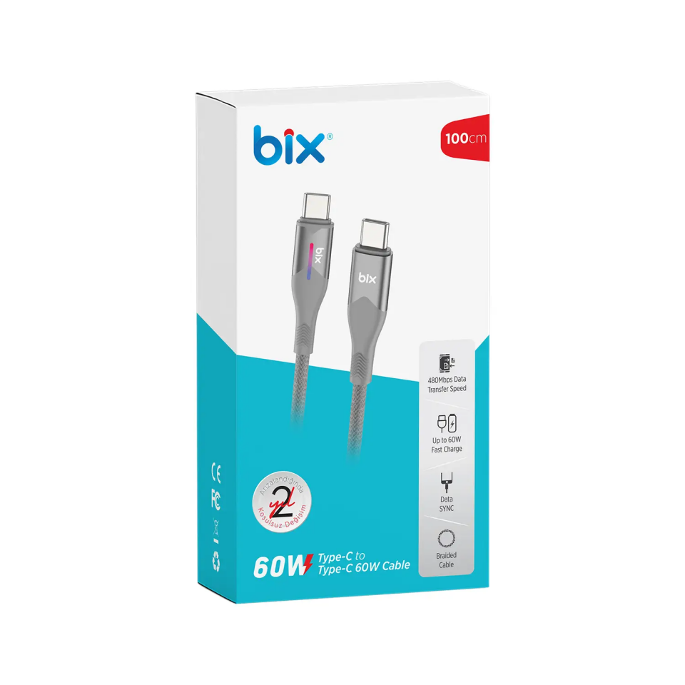 Bix Bx05Cc 60W Type-C To Type-C Örgülü Gri Kablo