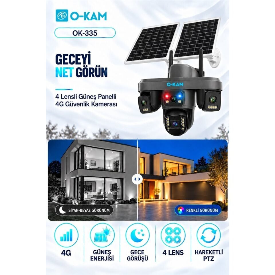 OK-335PREMiUM4G 4G 4 LENS AOV SOLAR ÇİFT PANEL ÇAKARLI  KAMERA